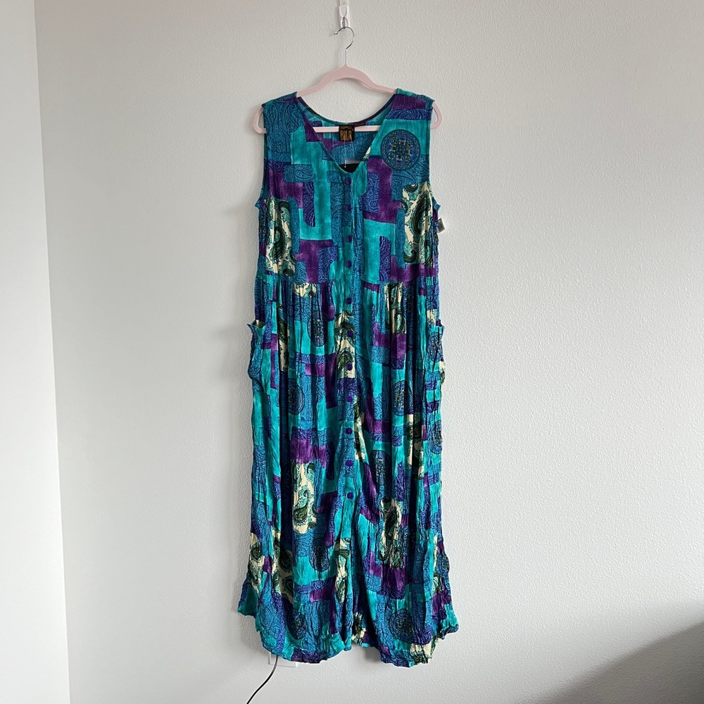 NWT Vintage 90s Bila Blue & Purple Gauze Sleeveless Maxi Dress L Hippie Bohemia